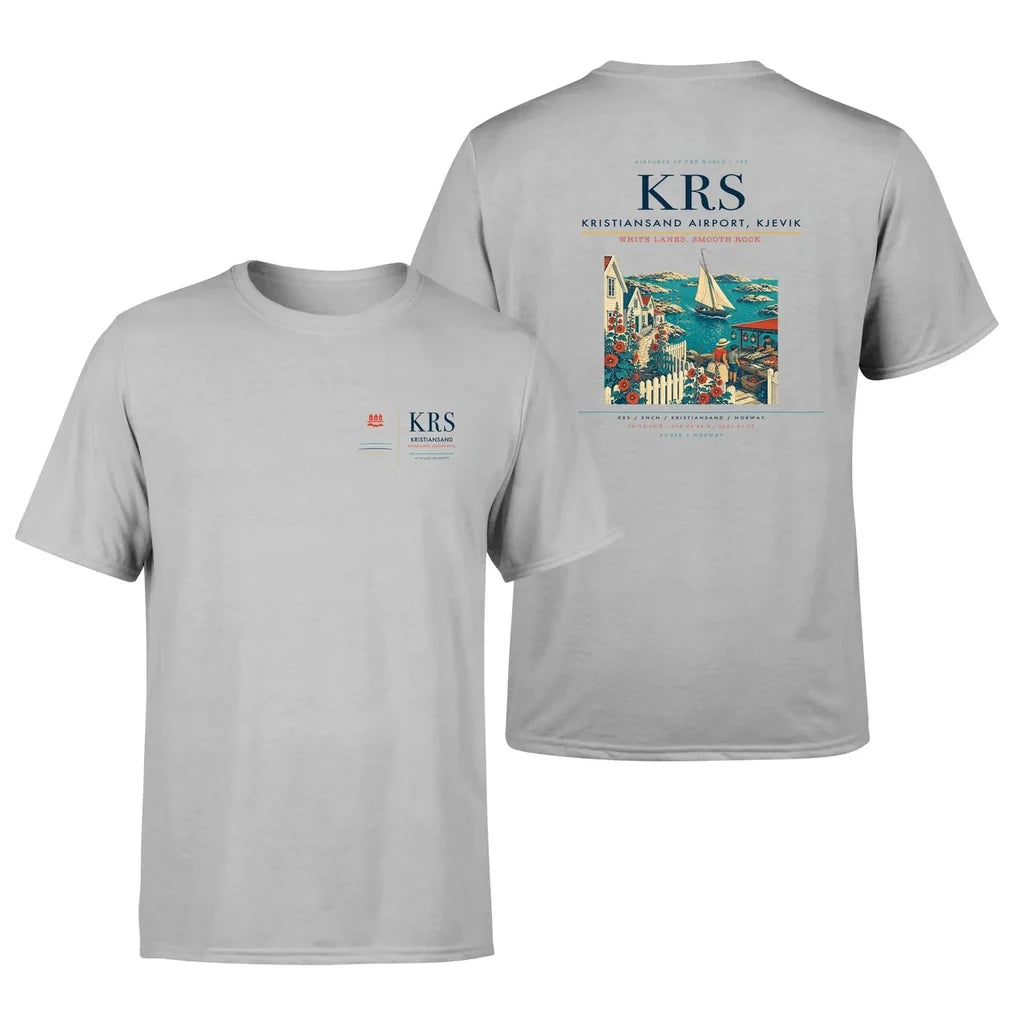 Kristiansand Airport, Kjevik (KRS) design printed on light gray double-side t-shirt