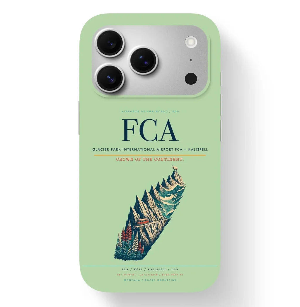 Kalispell Airport (FCA) design on light green iPhone 17 Pro MagSafe case