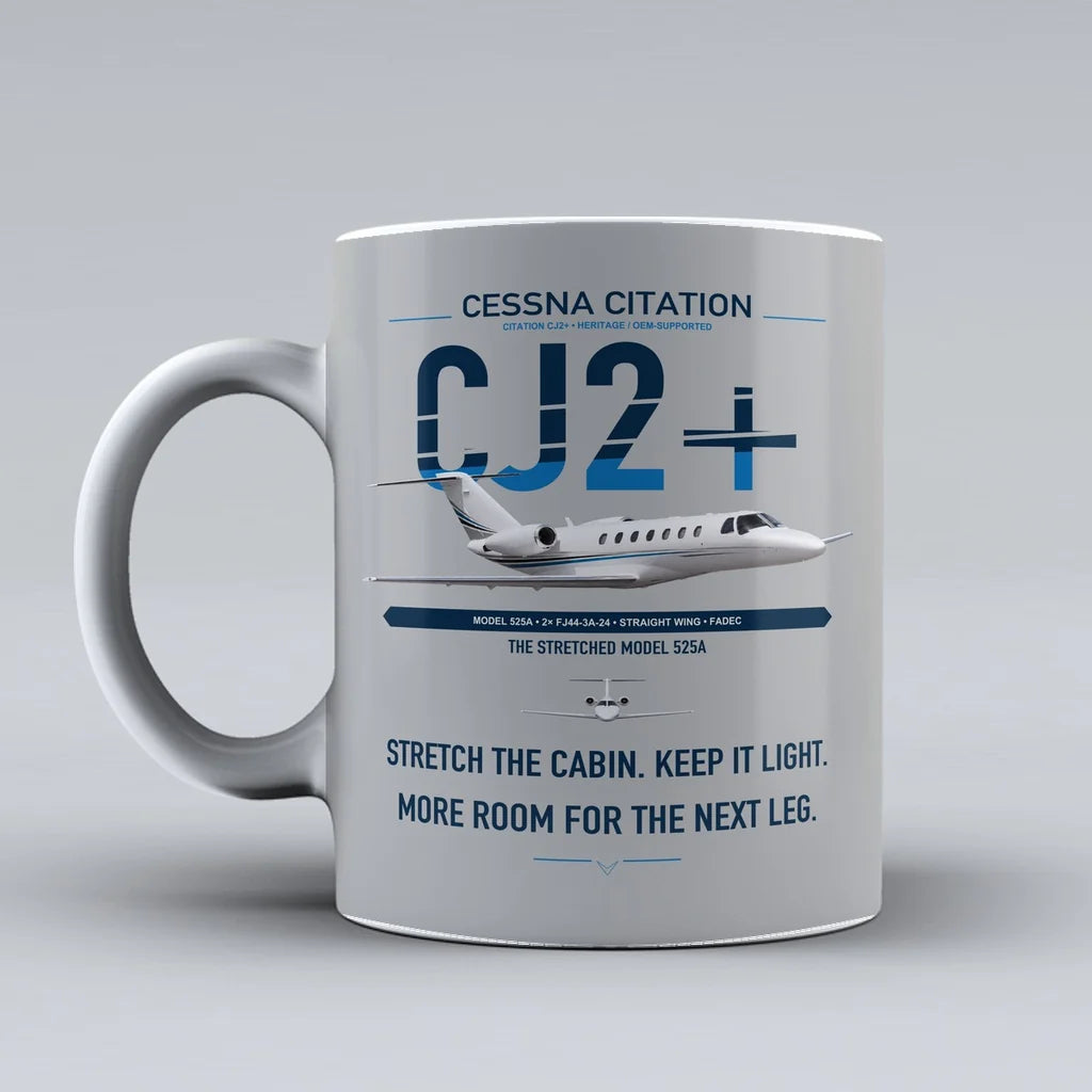 Cessna Citation CJ2+ design on light gray ceramic mug, double-side print