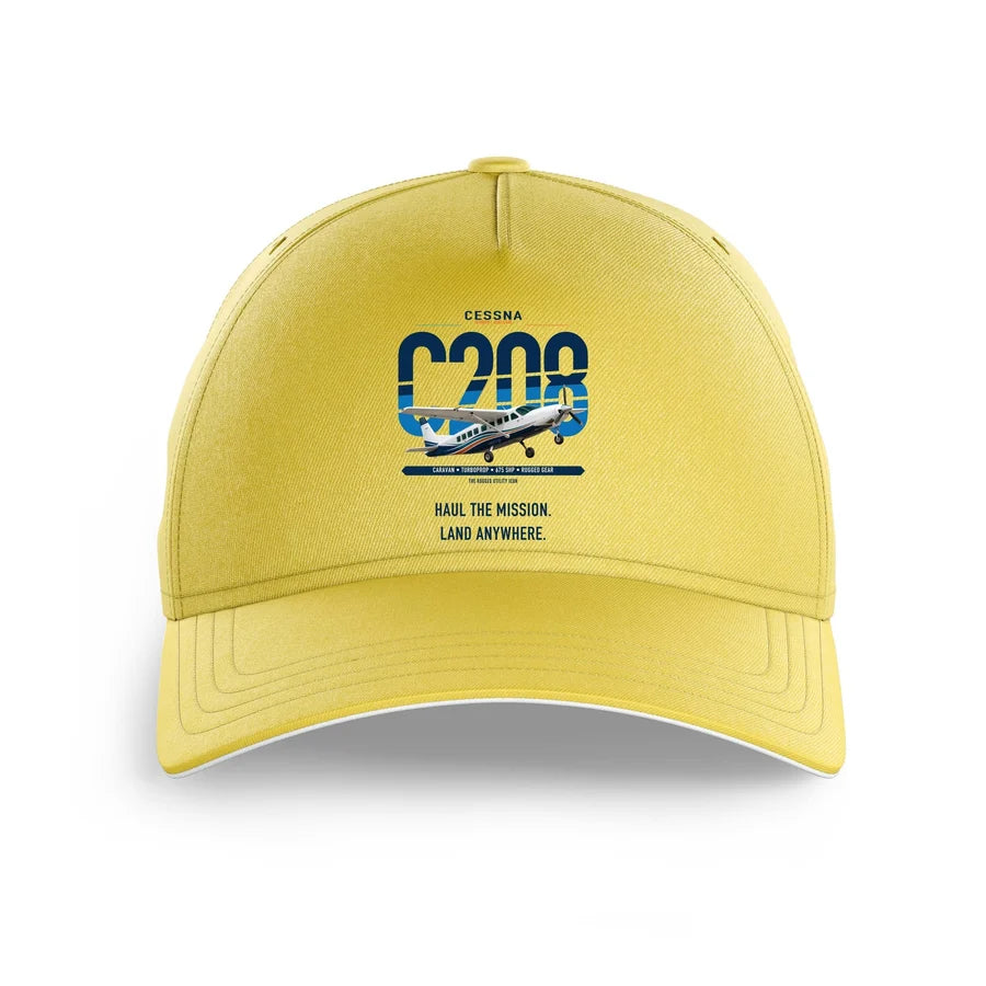 Cessna 208 Caravan design on yellow printed hat