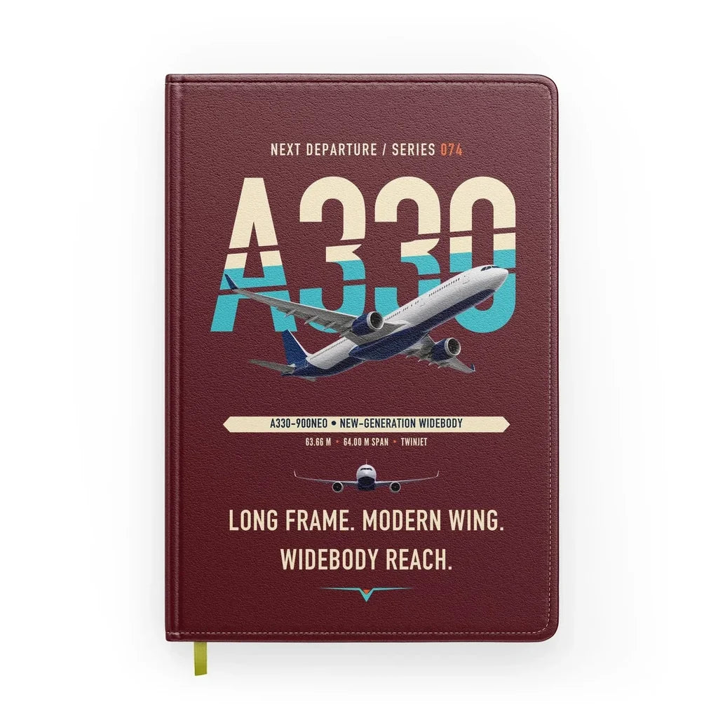 Airbus A330-900neo design on dark red notebook