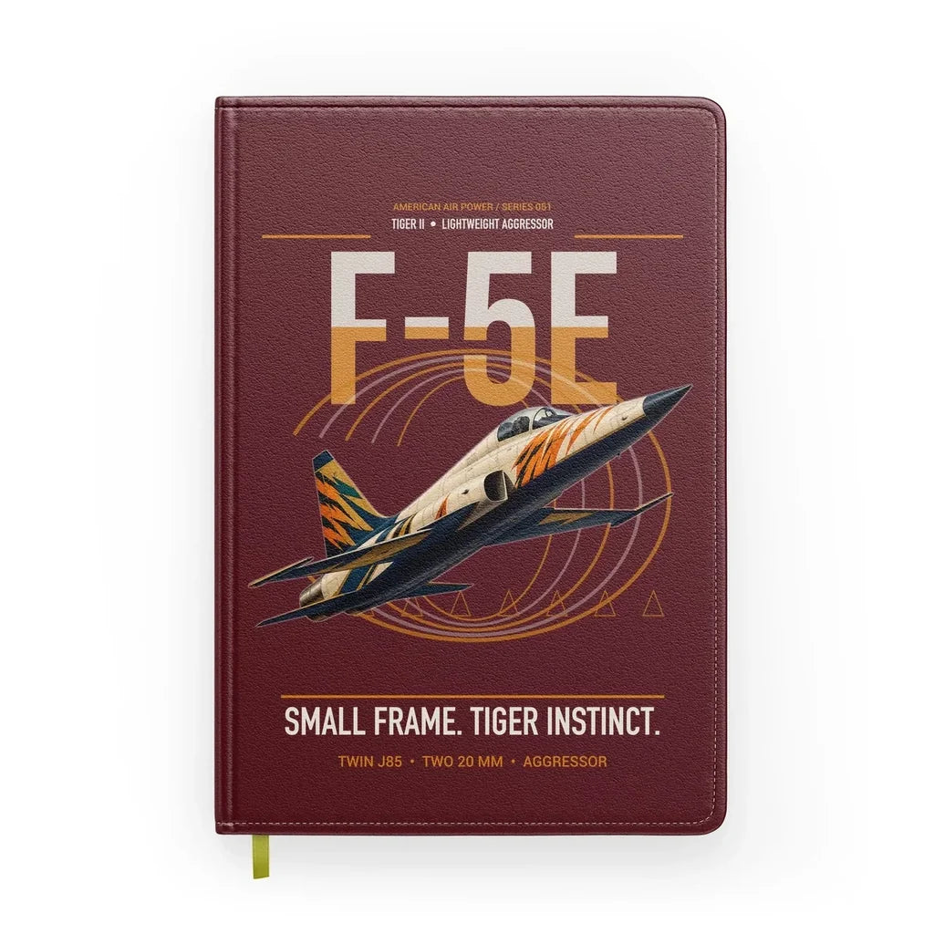 F-5E Tiger II design on dark red notebook