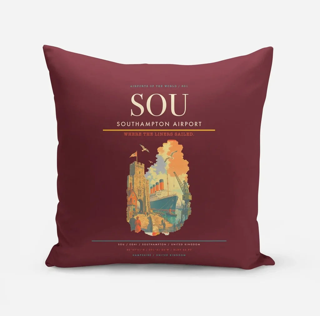 Southampton Airport (SOU) design on dark red pillow