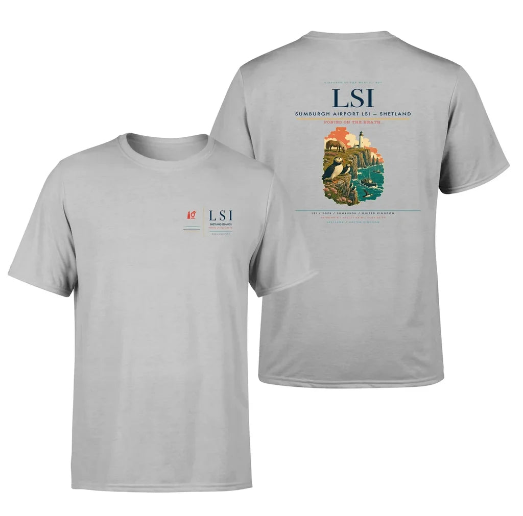 Sumburgh Airport (LSI) design printed on light gray double-side t-shirt