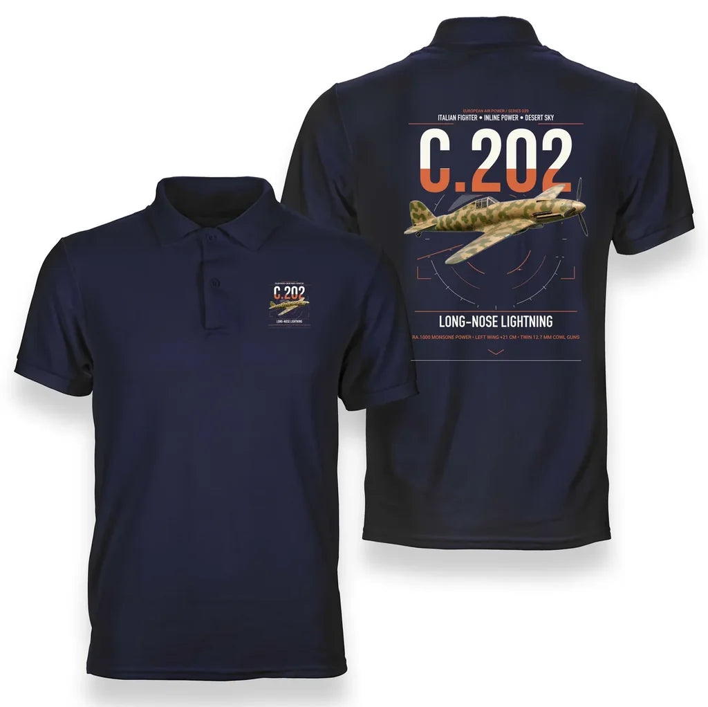 Macchi C.202 Folgore design on navy blue double-side polo t-shirt, double-side print