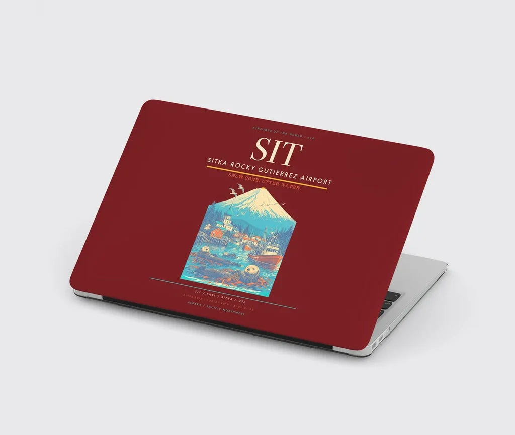 Sitka Rocky Gutierrez Airport (SIT) design on dark red MacBook case