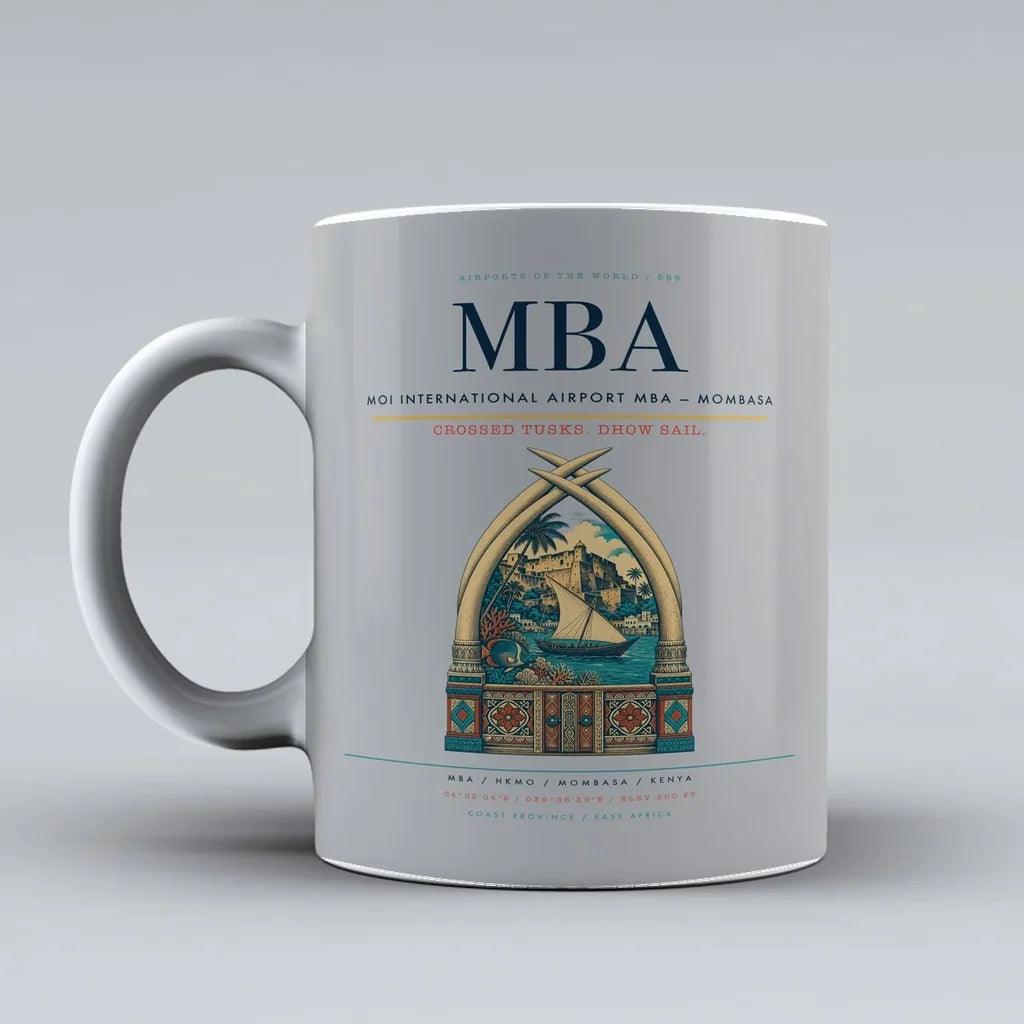 International Airport MBA — Mombasa Mug design on light gray moi