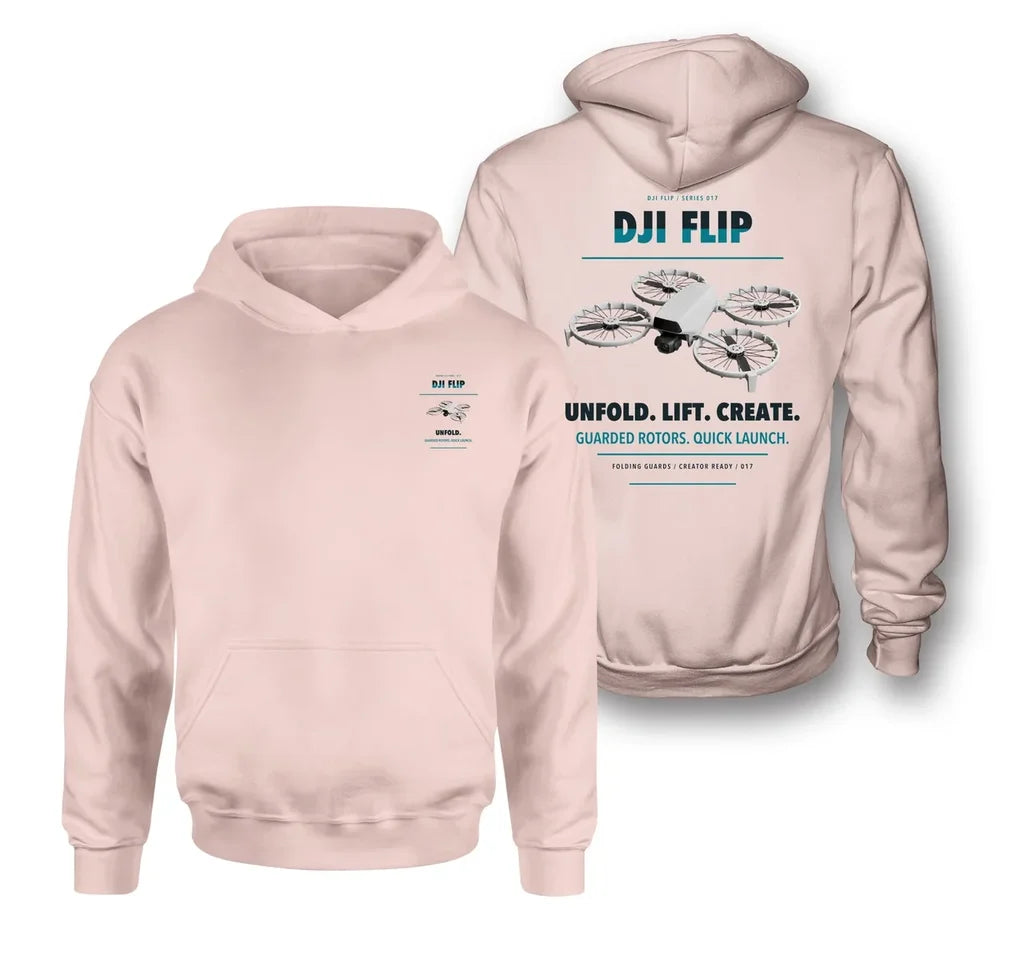 DJI Flip design on pink hoodie