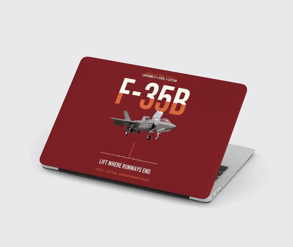 F-35B Lightning II Lift Where Runways End design on dark red MacBook case