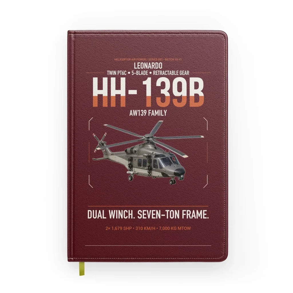 Leonardo HH-139B design on dark red notebook