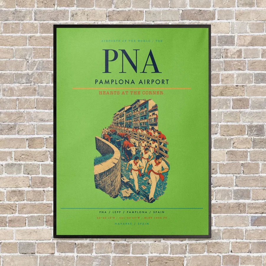 Pamplona Airport PNA vertical canvas print - framed - light green background