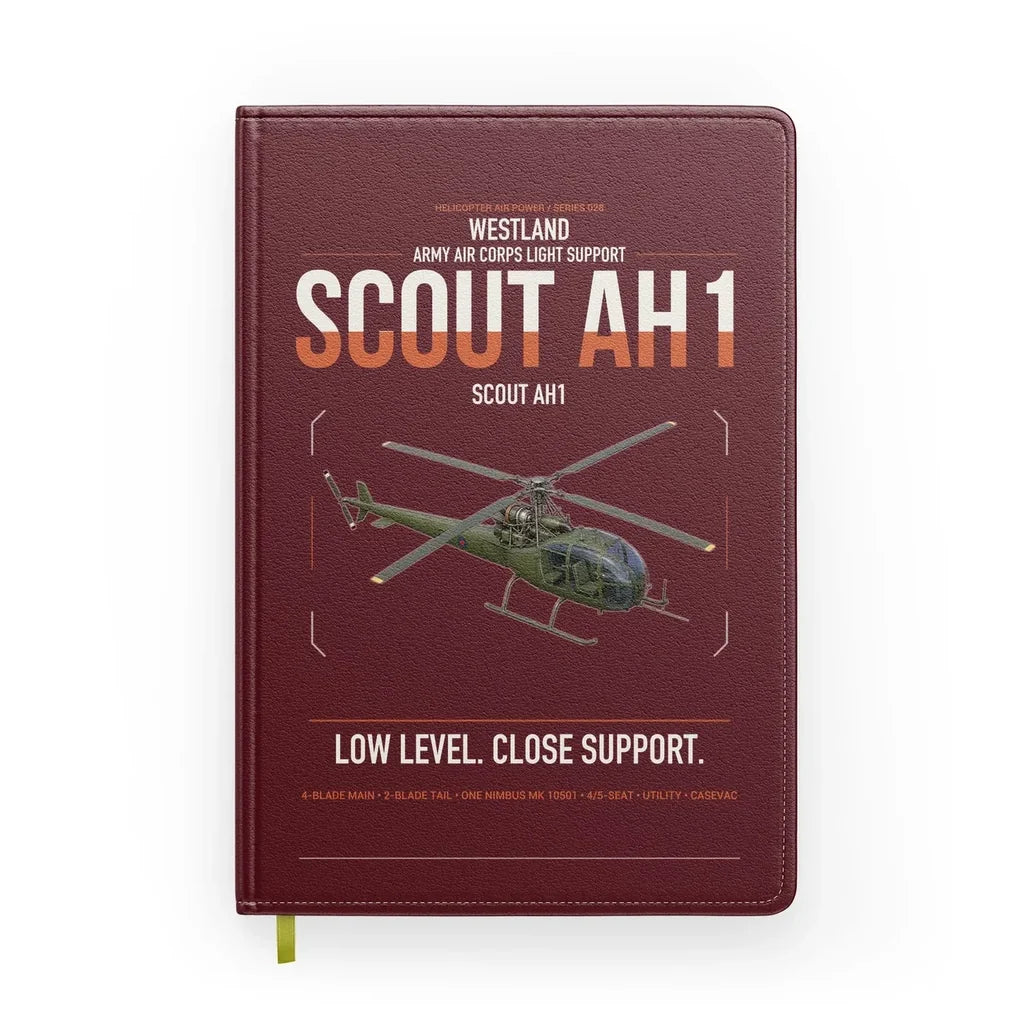 Westland Scout AH1 design on dark red notebook