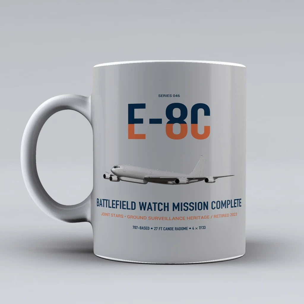 E-8C Joint STARS design on light gray ceramic mug, double-side print