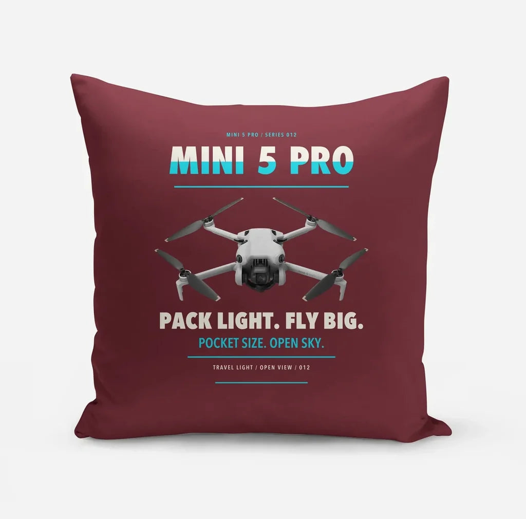 DJI Mini 5 Pro design on dark red pillow