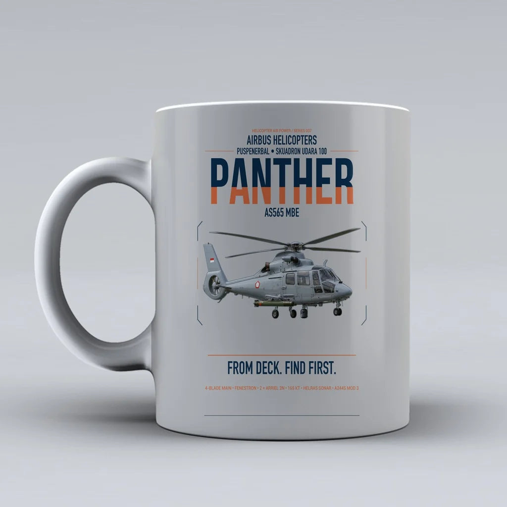 Airbus Helicopters AS565 MBe Panther design on light gray ceramic mug, double-side print