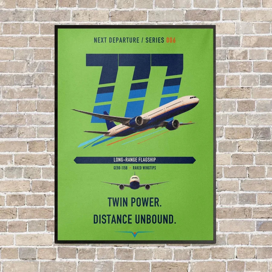 Boeing 777-300ER vertical canvas print - framed - light green background