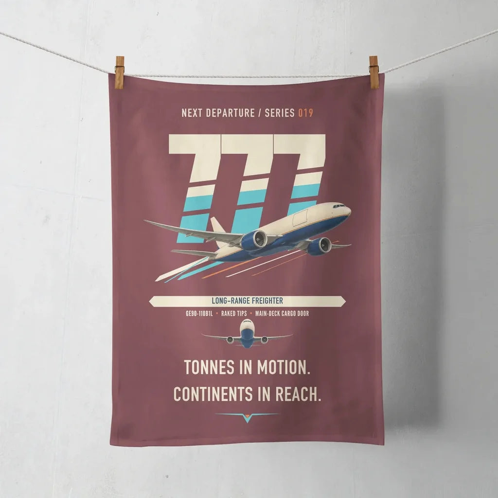 Boeing 777F design on dark red towel