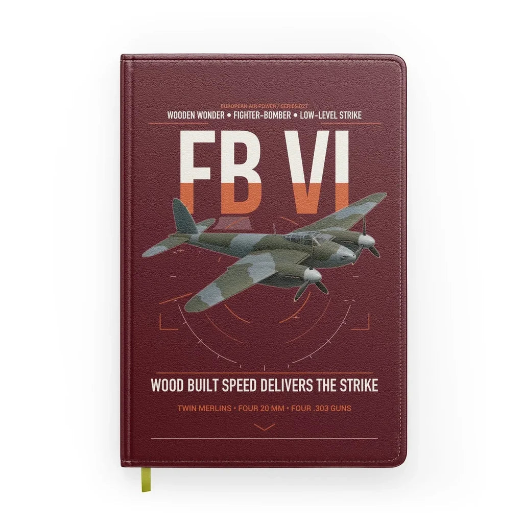 de Havilland Mosquito FB VI design on dark red notebook