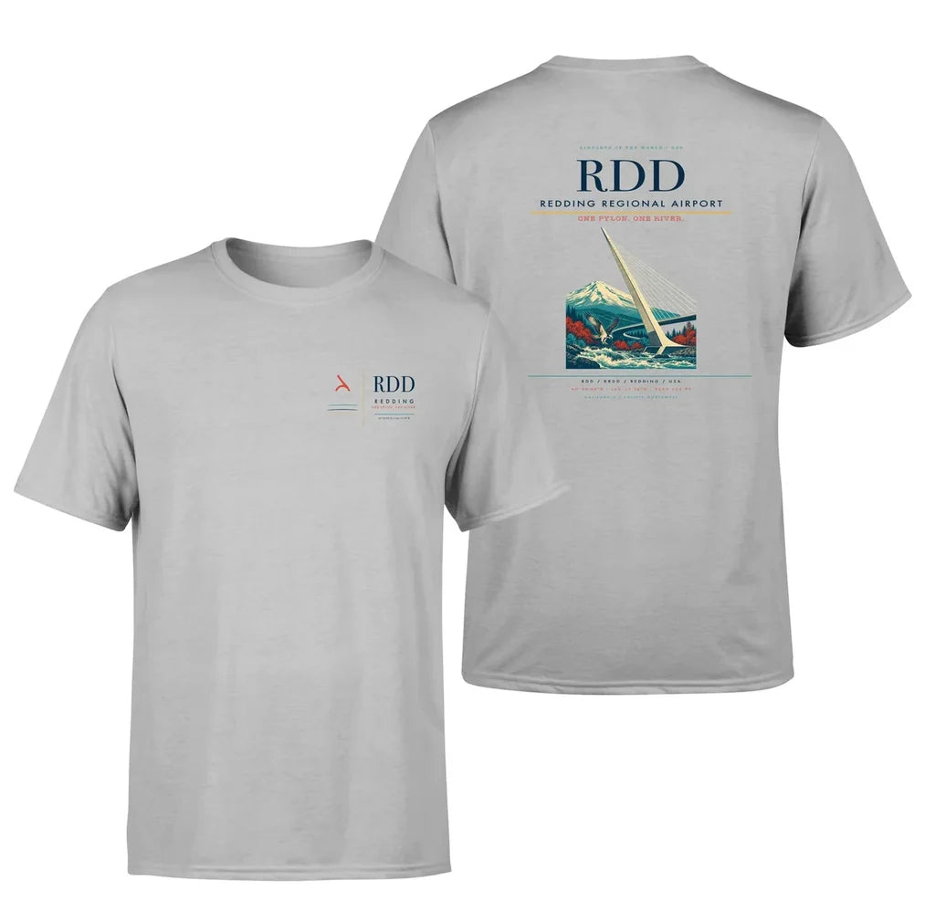 Redding Regional Airport (RDD) design printed on light gray double-side t-shirt