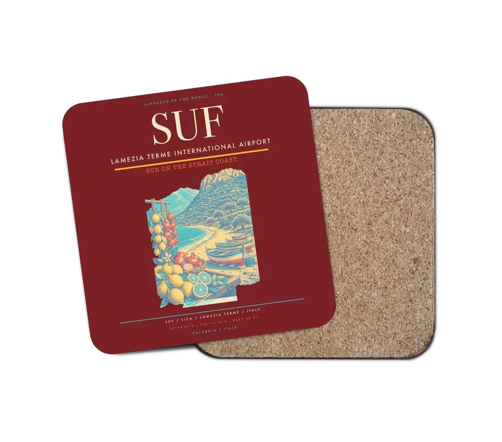 Lamezia Terme International Airport (SUF) design on dark red 1 piece coaster