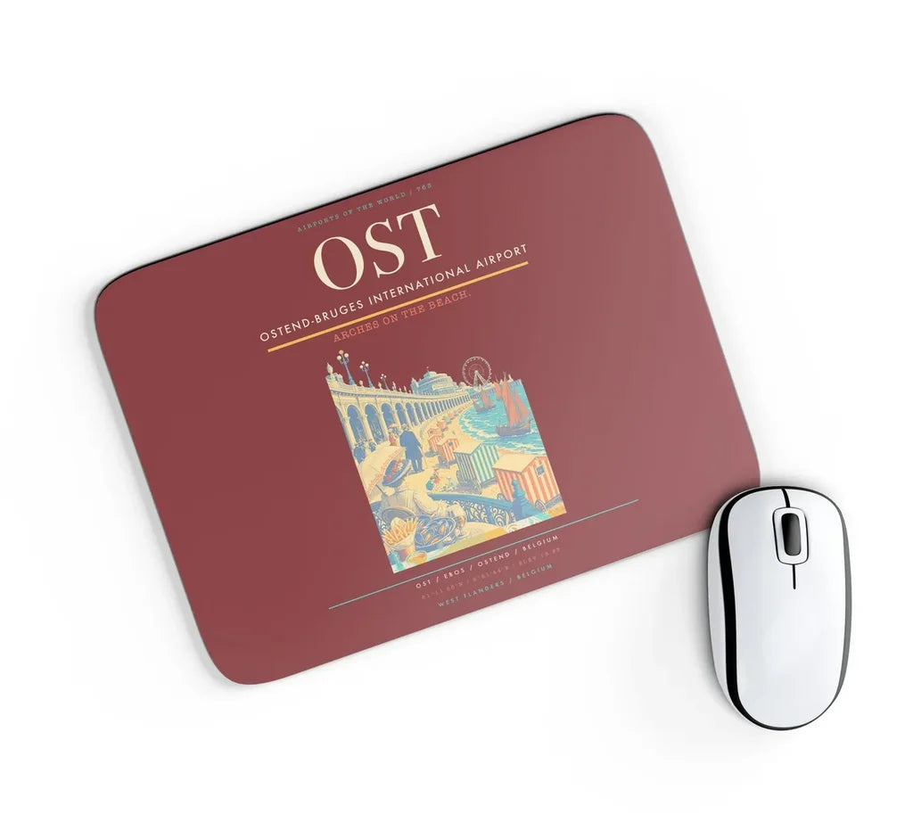 Ostend-Bruges International Airport (OST) design on dark red rectangle mouse pad