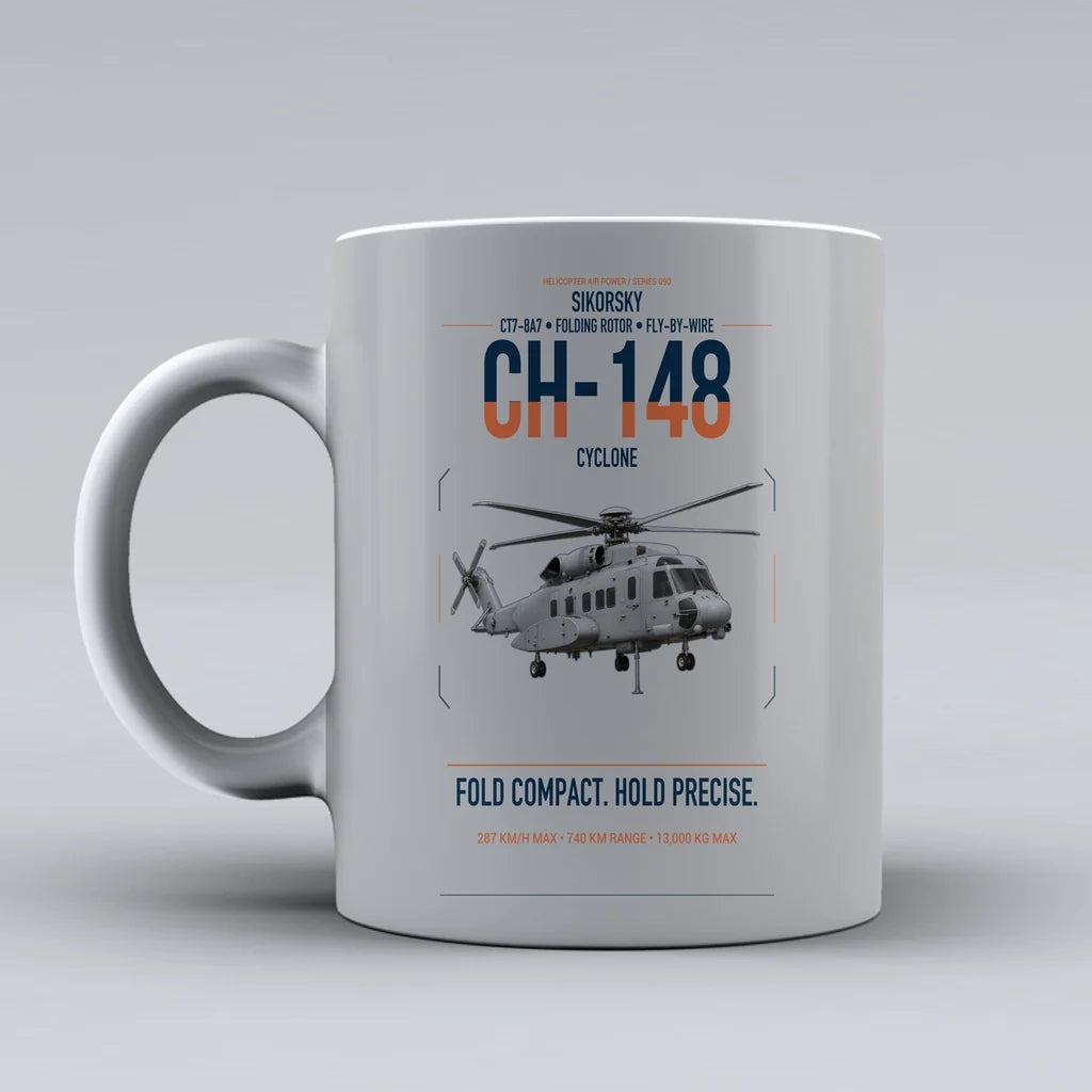 Sikorsky CH-148 Cyclone design on light gray ceramic mug, double-side print