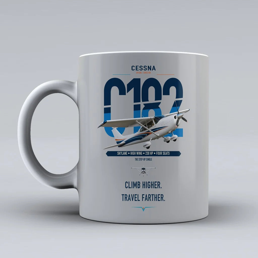 Cessna 182 Skylane design on light gray ceramic mug, double-side print