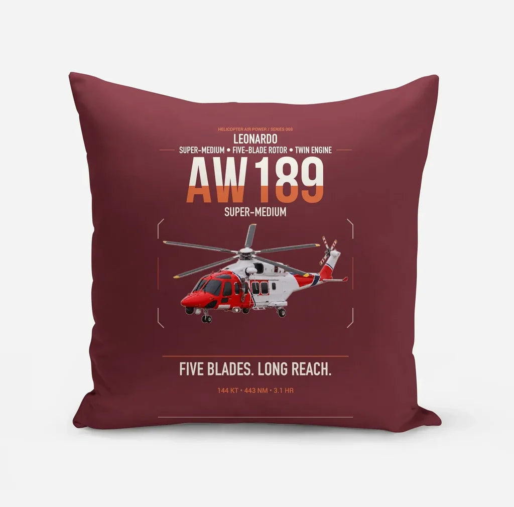 Leonardo AW189 design on dark red pillow