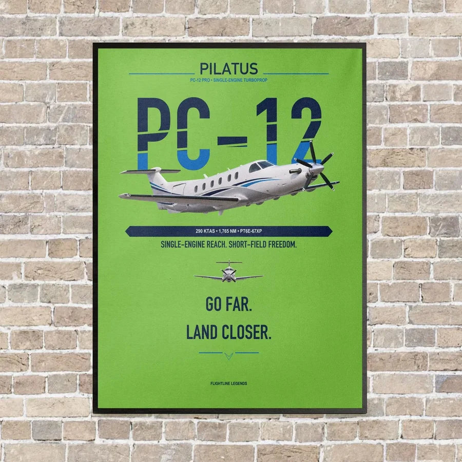 Pilatus PC-12 PRO vertical canvas print - framed - light green background