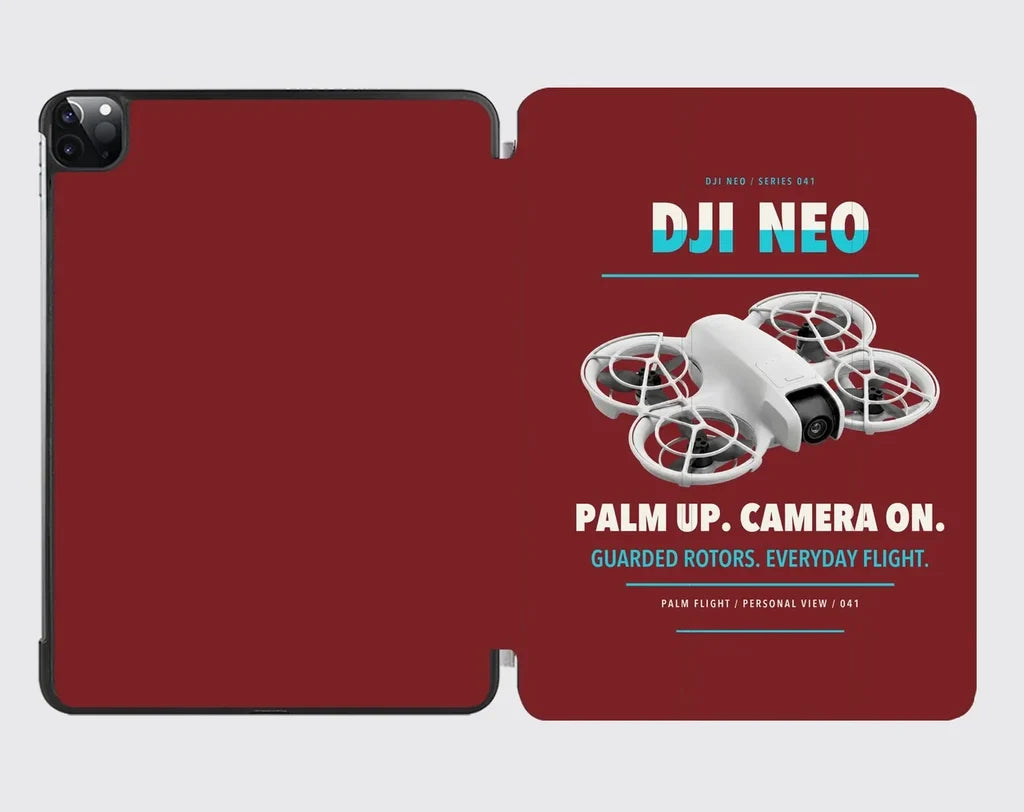 DJI Neo design on dark red ipad tablet case