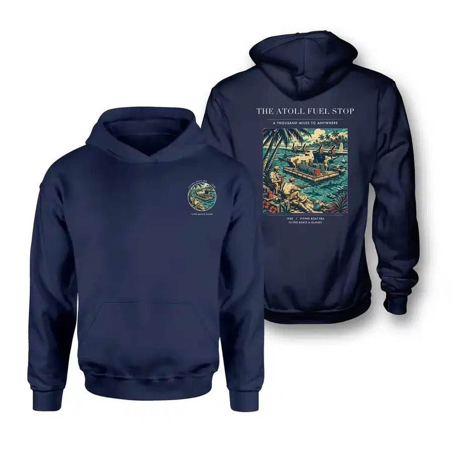 VINTAGE G4069 - The Atoll Fuel Stop - Double-Side Hoodie design on navyblue double side