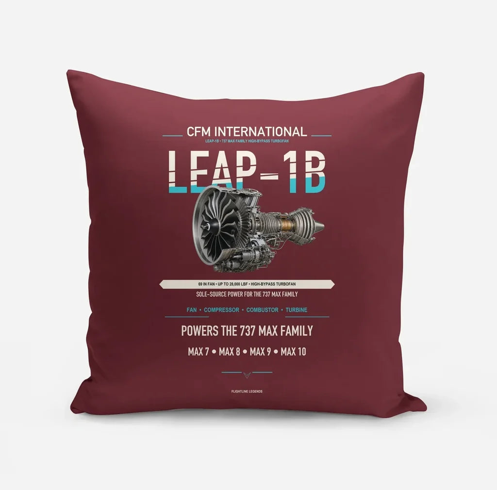 CFM LEAP-1B design on dark red pillow