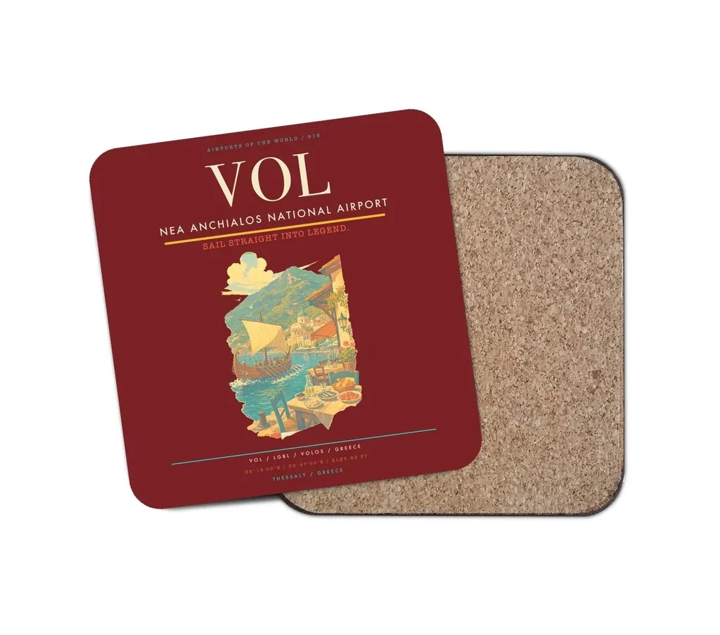 Nea Anchialos National Airport (VOL) design on dark red 1 piece coaster