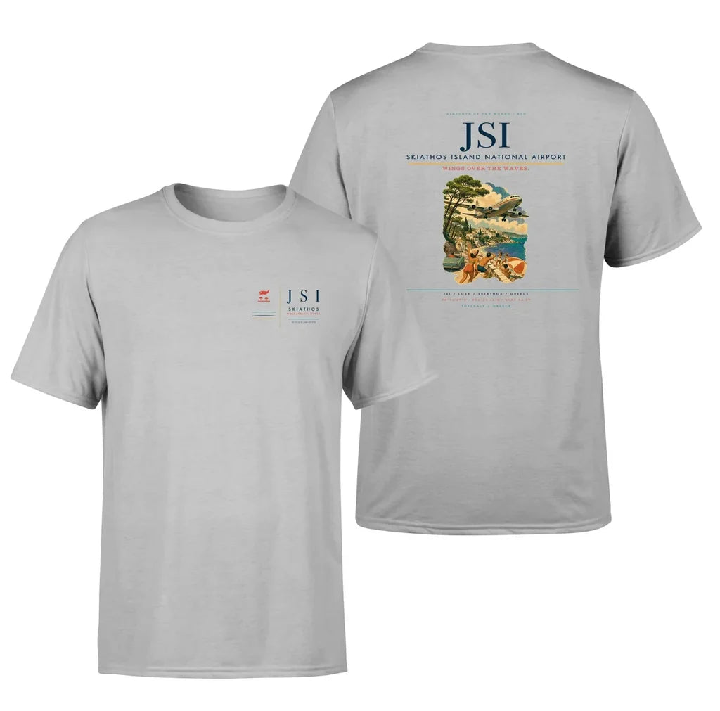 Skiathos Island National Airport (JSI) design printed on light gray double-side t-shirt