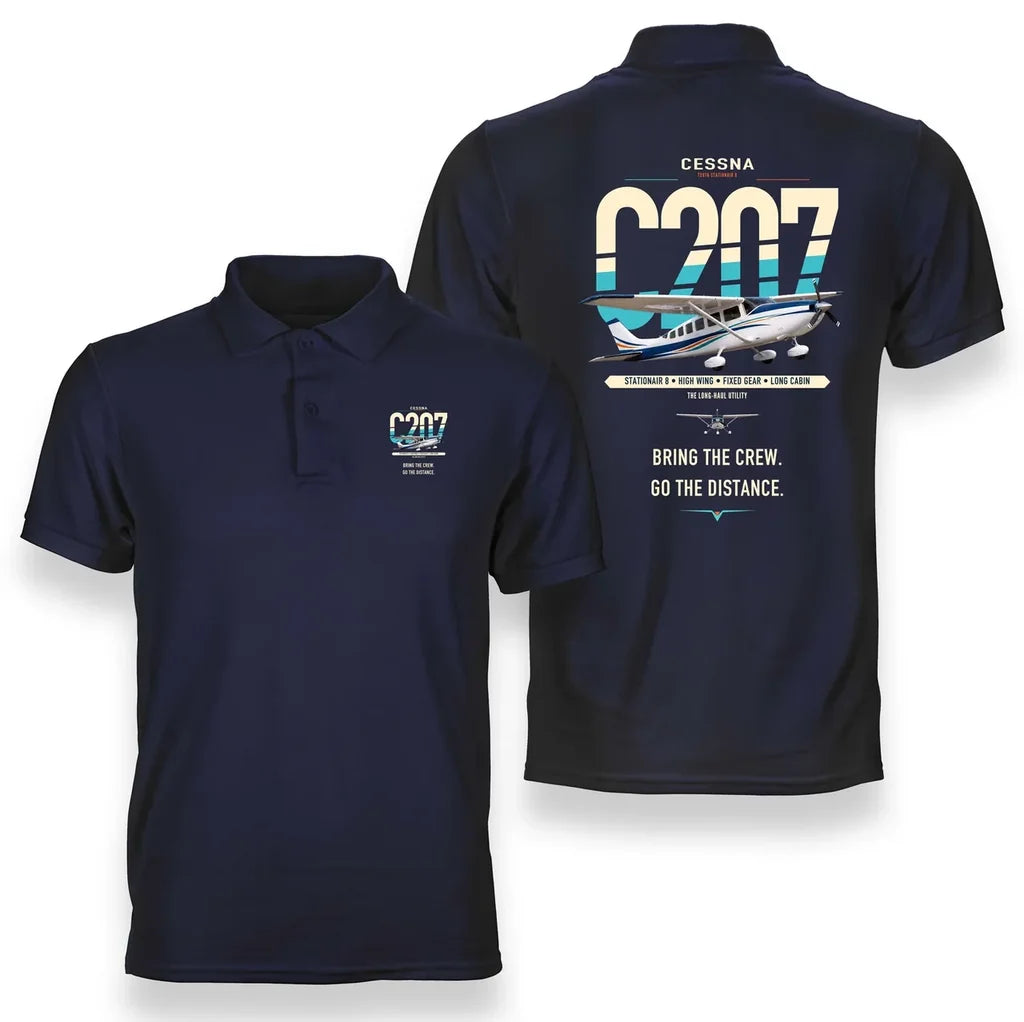 Cessna T207A Stationair 8 design on navy blue double-side polo t-shirt, double-side print