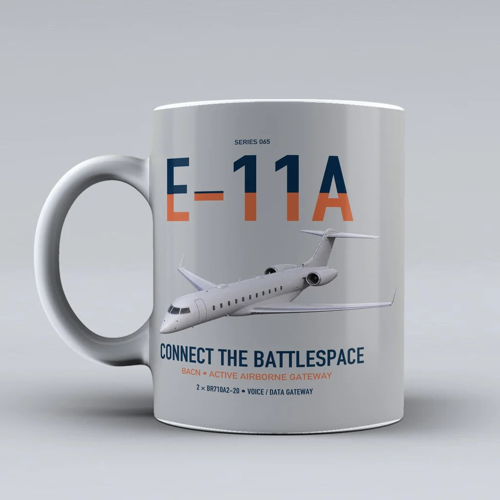 E-11A BACN design on light gray ceramic mug, double-side print
