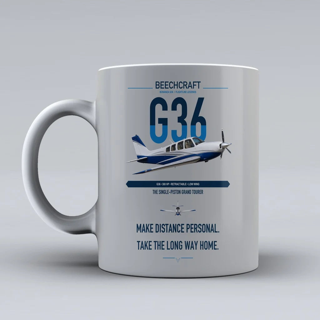 Beechcraft Bonanza G36 design on light gray ceramic mug, double-side print