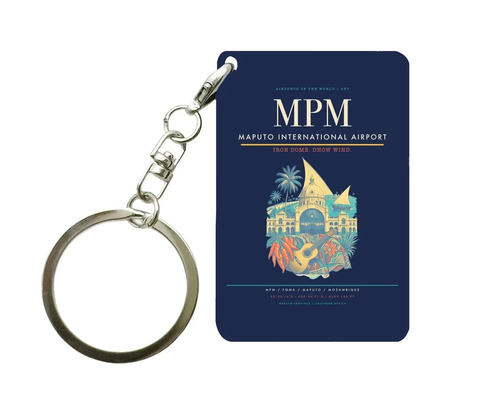 Maputo International Airport MPM Key Chain design on navy blue key chain