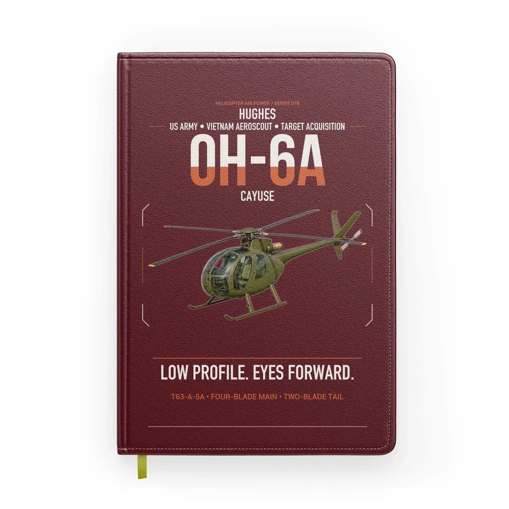 Hughes OH-6A Cayuse design on dark red notebook