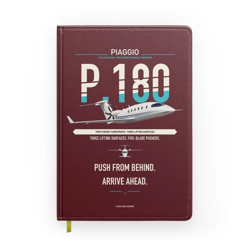 Piaggio P.180 Avanti EVO design on dark red notebook