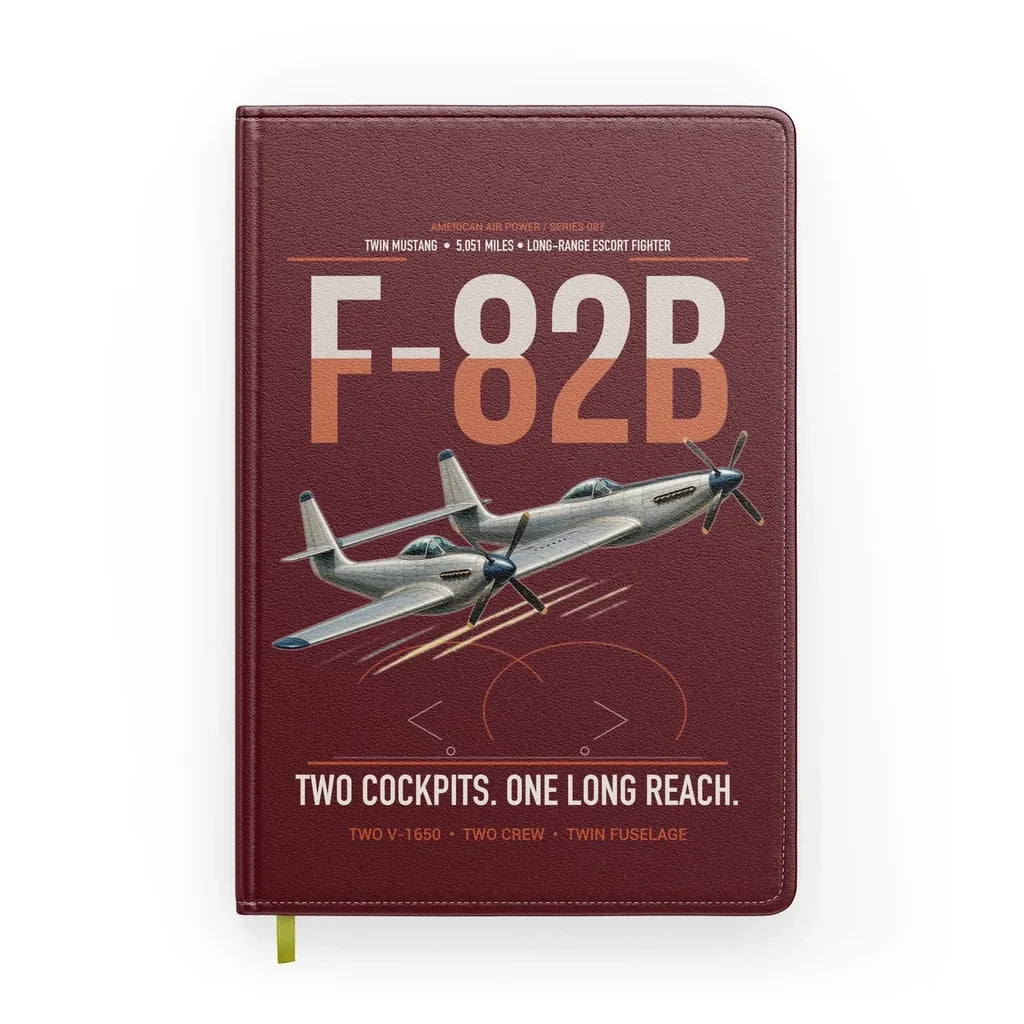 F-82B Twin Mustang design on dark red notebook