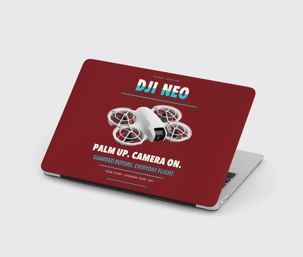 DJI Neo design on dark red MacBook case