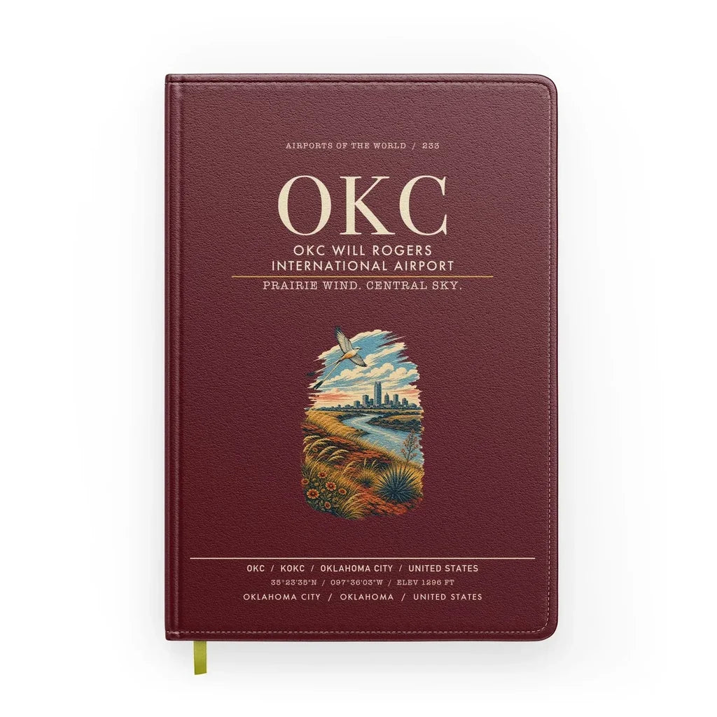 OKC Will Rogers International Airport (OKC) design on dark red notebook