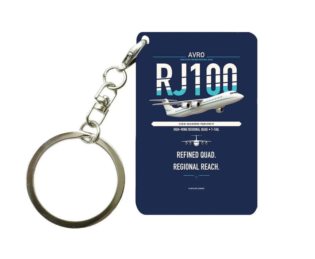 Avro RJ100 design on navy blue designed key chain, double-side print
