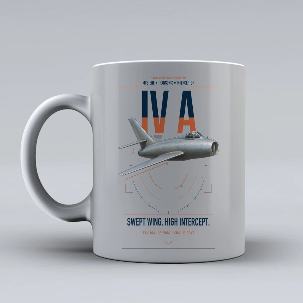 Dassault Mystère IV A design on light gray ceramic mug, double-side print