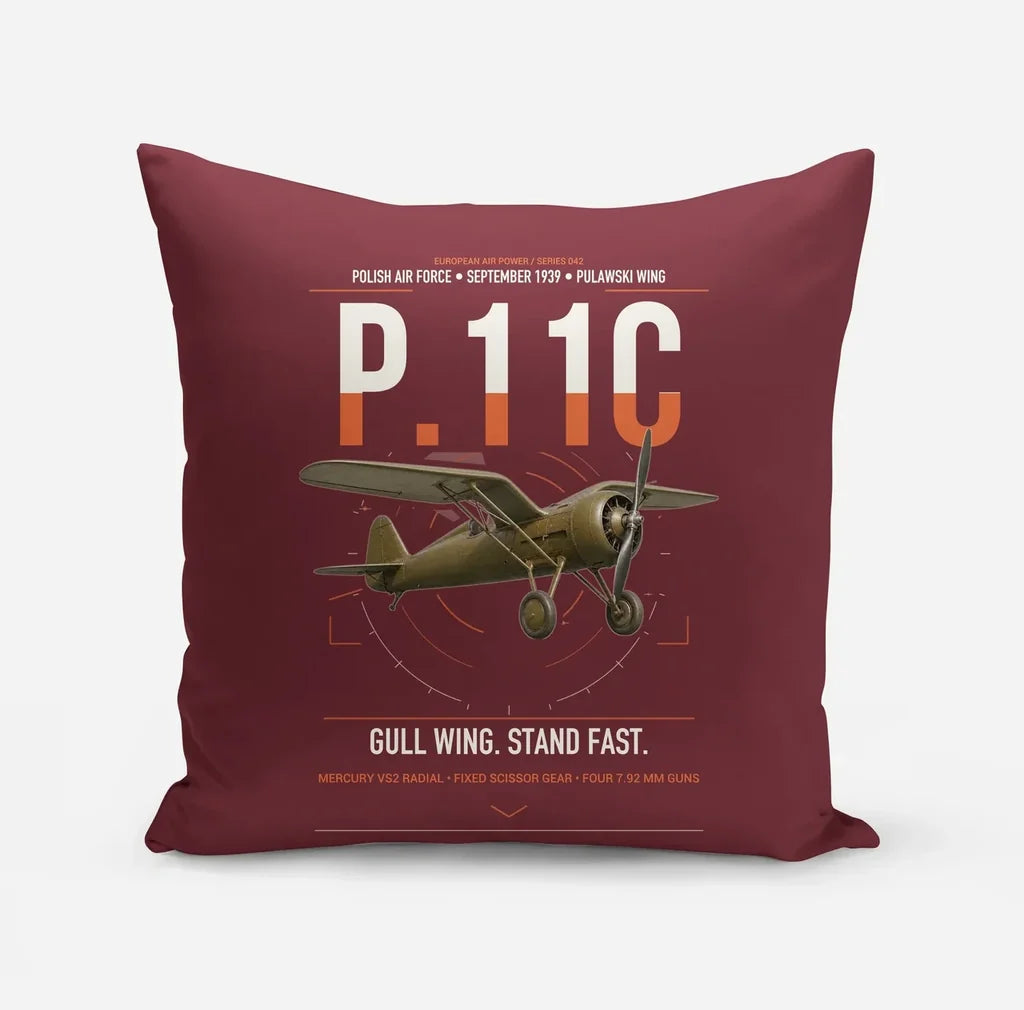 PZL P.11c design on dark red pillow