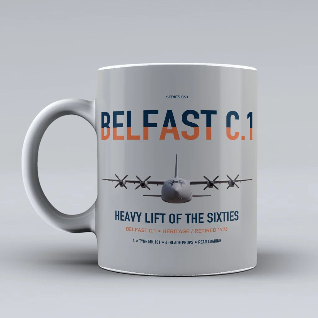Short Belfast C.1 design on light gray ceramic mug, double-side print