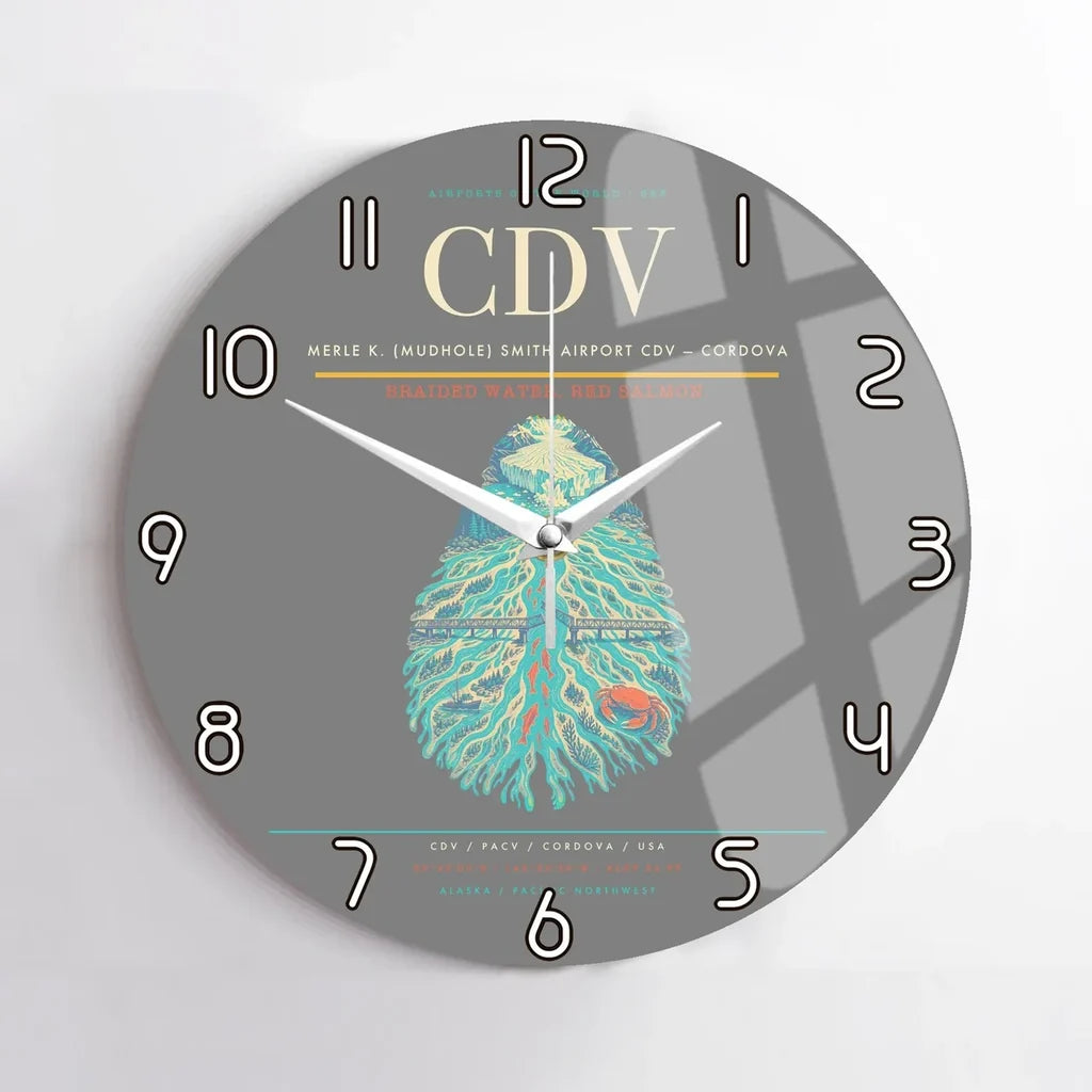Merle K. (Mudhole) Smith Airport (CDV) design on gray no frame wall clock