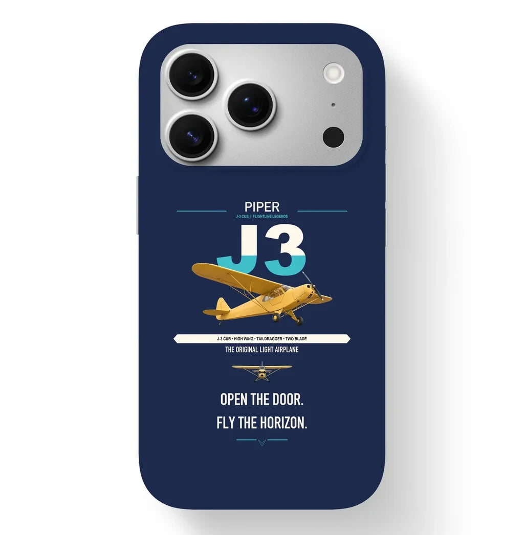 Piper J-3 Cub design on navy blue magsafe iphone case, for iPhone 17 Pro