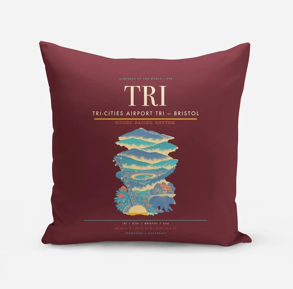 Tri-Cities Airport (TRI) design on dark red pillow